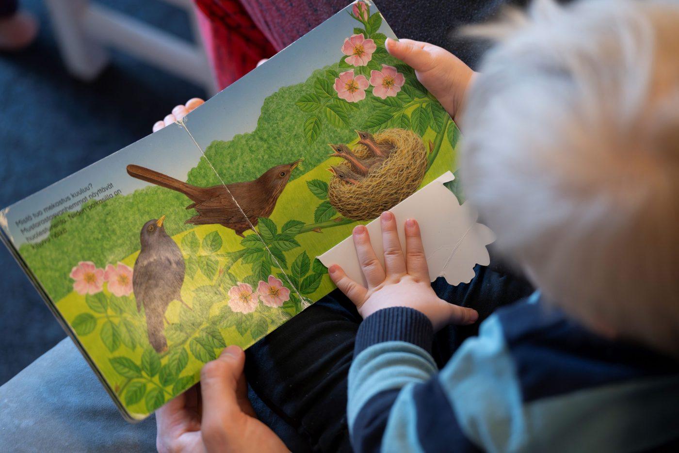 Pienelle lapselle luetaan kirjaa, lapsi on vanhemman sylissä