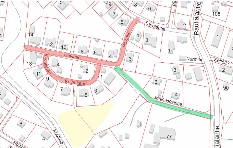 Mäki-hovintien ja Kevätkaaren alueen katusaneerauskartta.