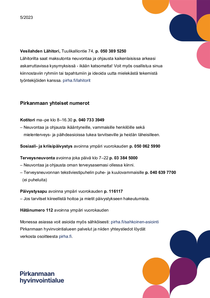 Pirhan Vesilahden asiointinumerot ja soittoajat 2